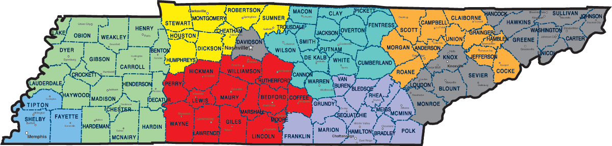 TennesseeSCS2015 Map of Tennessee showing the groups of counties that youth villages serves