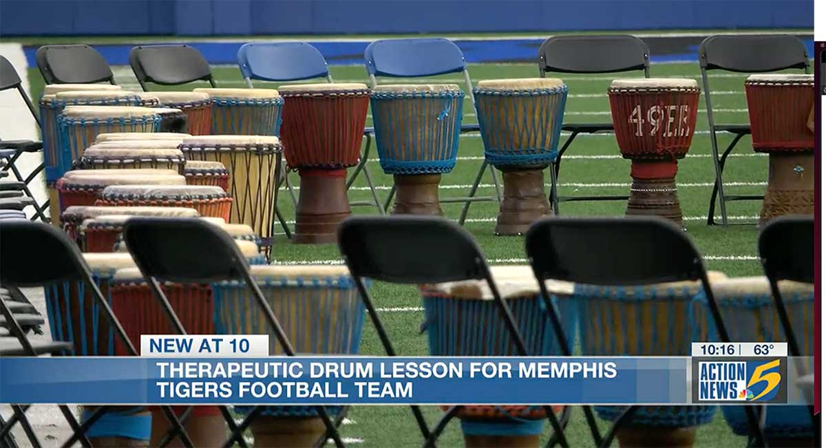 Action-5-News-Memphis-Tigers-Drum-with-Youth-Villages Action 5 News covers the Tigers Football team African Drumming taught by Youth Villages